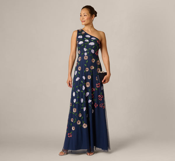 One-Shoulder Floral Garden Beaded Gown Adrianna Papell AP1E213145