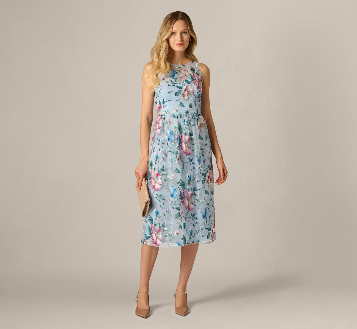 Sequin Beaded Floral Embroidery Illusion Midi Dress Adrianna Papell AP1E213222