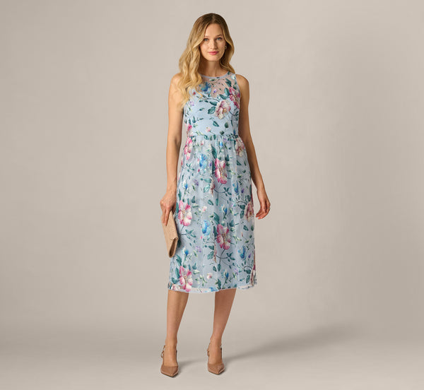 Sequin Beaded Floral Embroidery Illusion Midi Dress Adrianna Papell AP1E213222