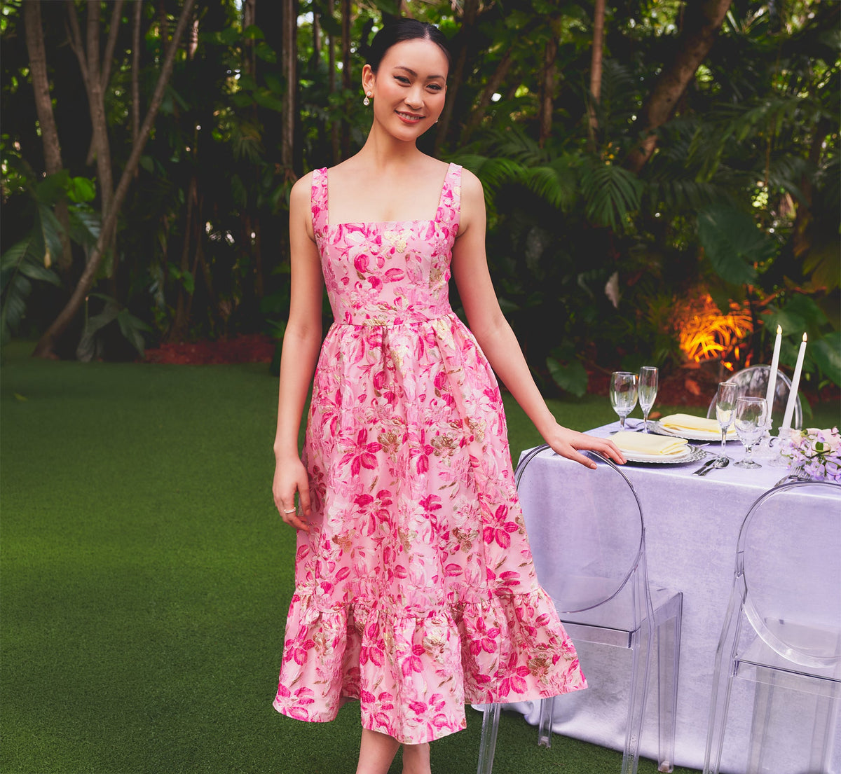 Metallic Floral Jacquard Ruffle Midi Dress Adrianna Papell AP1E213273