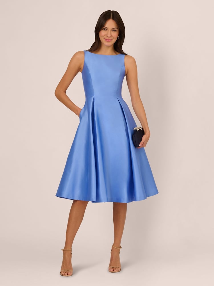Bateau Midi Length Satin Twill Wedding Guest Dress with Pleated A Line Skirt and Pockets Blue Frost
