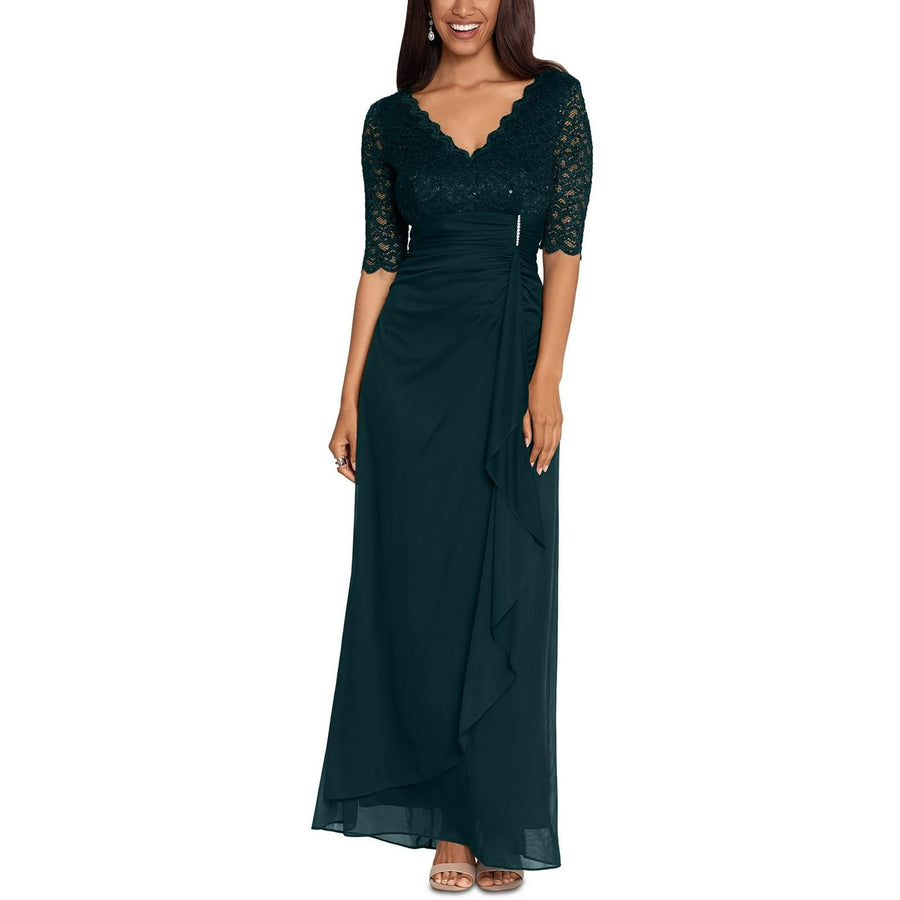 Formal Dresses V-Neck Floor-Length Chiffon Formal A-Line Dress Lace Bodice and 3/4 Sleeves Pine