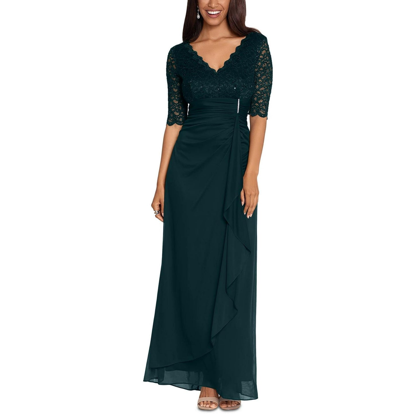Formal Dresses V-Neck Floor-Length Chiffon Formal A-Line Dress Lace Bodice and 3/4 Sleeves Pine