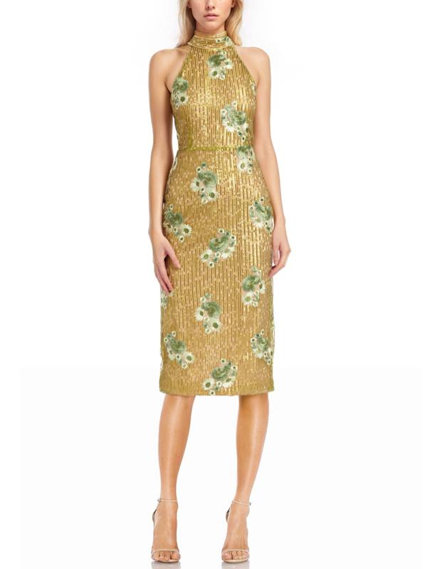 Citrus Halter Knee-Length Sequin Cocktail Embroidered Floral Dress Badgley Mischka J0113