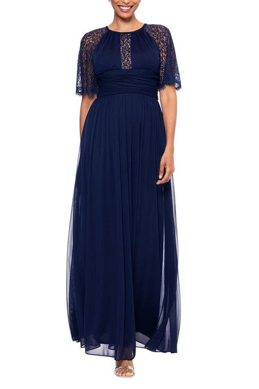 Navy Jewel Neck Floor-Length Mesh Formal Dress Lace Flutter Sleeves Betsy & Adam B266