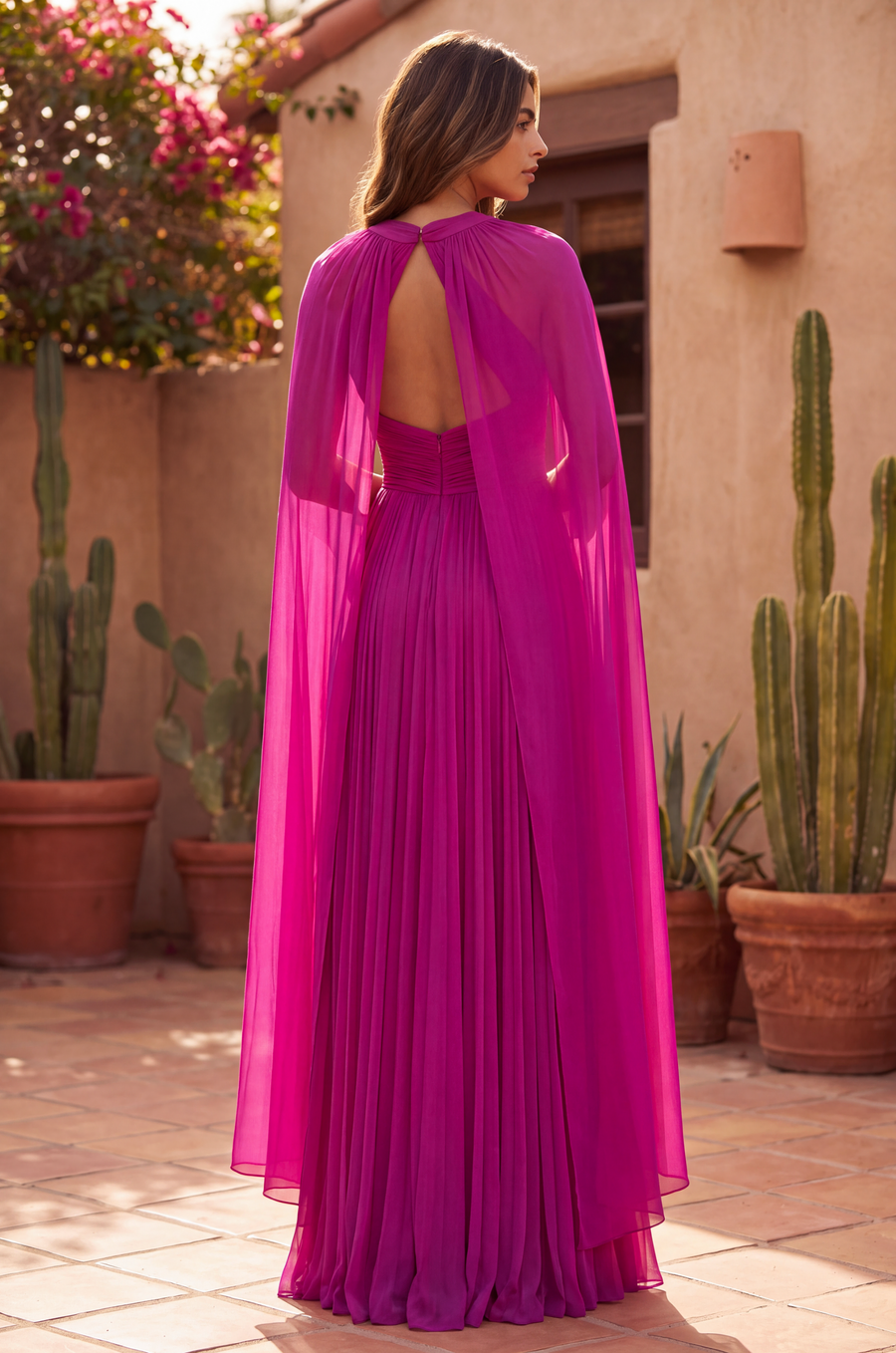 Pleated A Line Long Formal High Neck Cape Sleeve Dress Magenta back