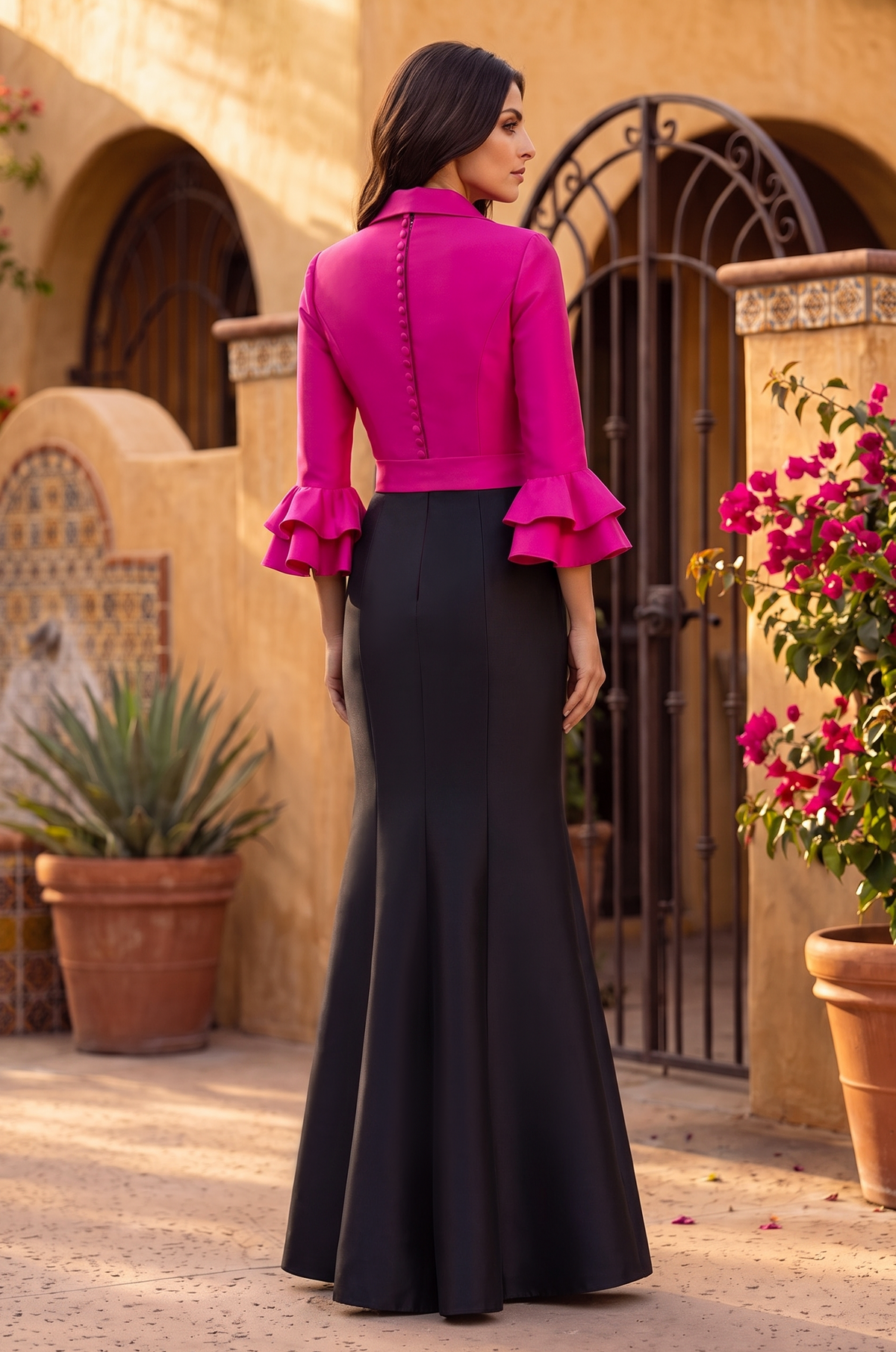 Black/Fuchsia color-block long sleeve V-neck gown, back view
