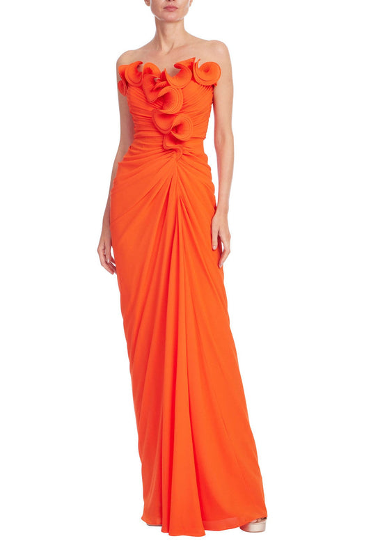 Coral Strapless Floor-Length Georgette Evening Gown Ruffle Detail Badgley Mischka BB0028