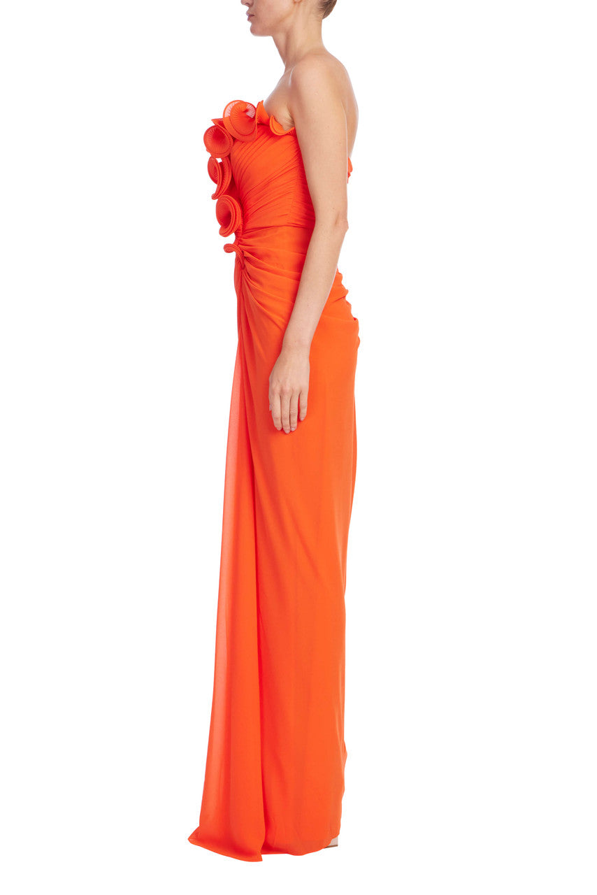 Coral Strapless Floor-Length Georgette Evening Gown Ruffle Detail Badgley Mischka BB0028