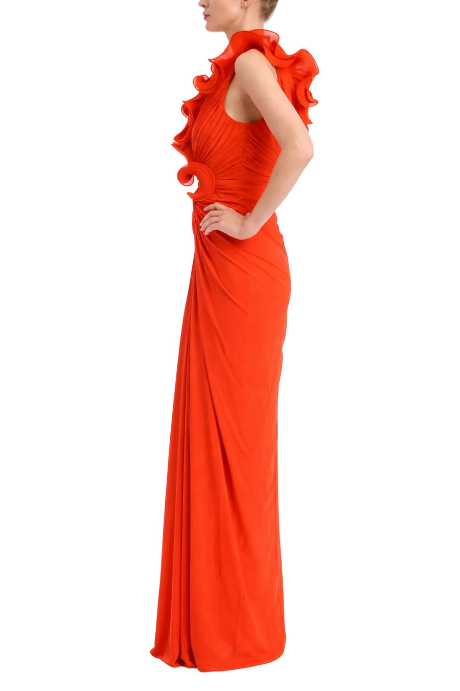 Badgley Mischka Pleated Ruffle V-Neck Column Gown BB0029A