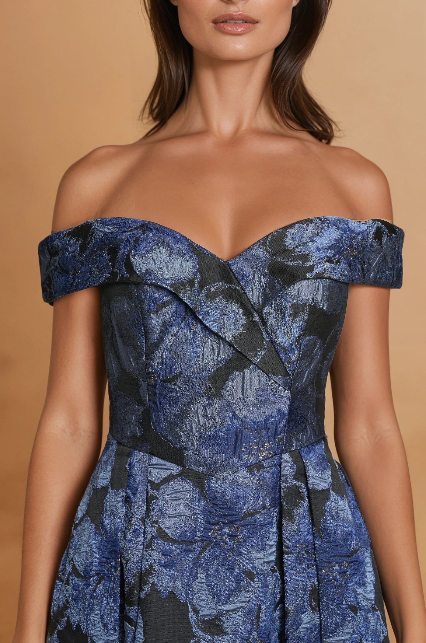Off-Shoulder A-Line Floral Brocade Gown Teal