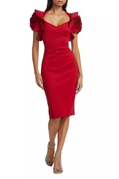 Badgley Mischka Ruffled Rosette Sleeves Sheath Dress - Wholesale - RED - Front 