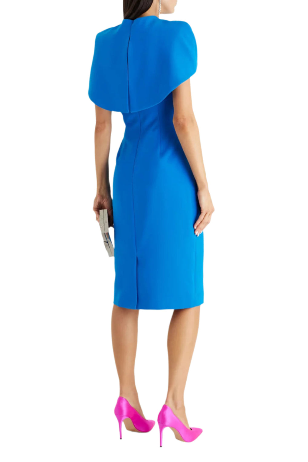 Badgley Mischka Crew Round Neckline Cape Shouldered Sleeveless Midi Sheath Dress - COBALT - Back