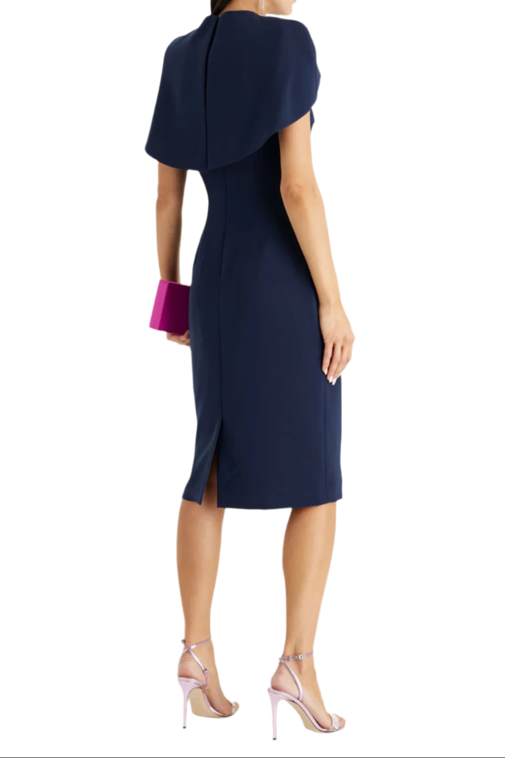 Badgley Mischka Crew Round Neckline Cape Shouldered Sleeveless Midi Sheath Dress - NAVY - Back