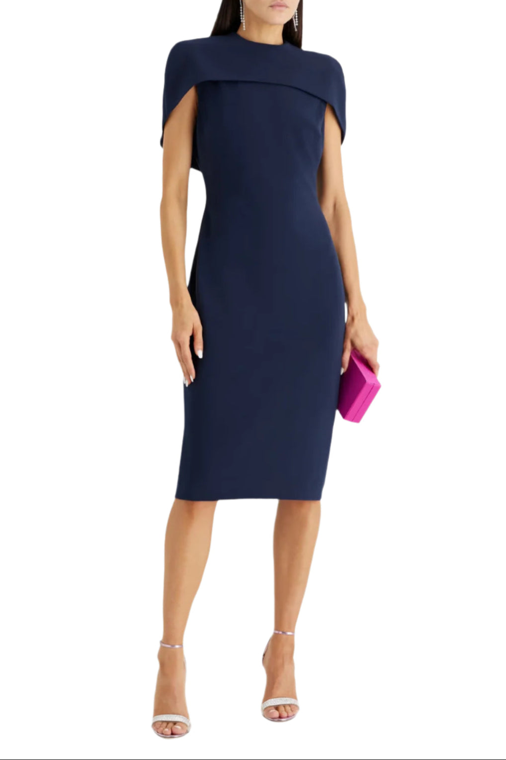 Badgley Mischka Crew Round Neckline Cape Shouldered Sleeveless Midi Sheath Dress - NAVY - Front