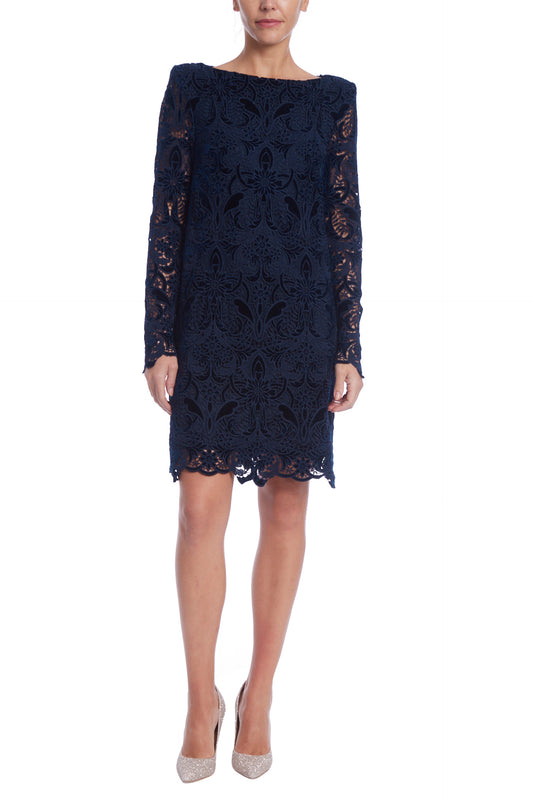 Badgley Mischka Boat Neckline Semi-Sheer Lace Long Sleeves Chic Silhouette Chemise Scalloped Trim Dress - NAVY - Front