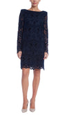 Navy Bateau Knee-Length Lace Cocktail Sheath Dress Sheer Long Sleeves and Scalloped Hem Badgley Mischka BSD5271