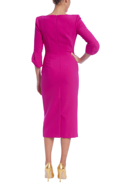 Badgley Mischka Boat Neck Split Tulip 3/4 Sleeves Fit Pencil Skirt Sheath Dress - FUCHSIA - Back