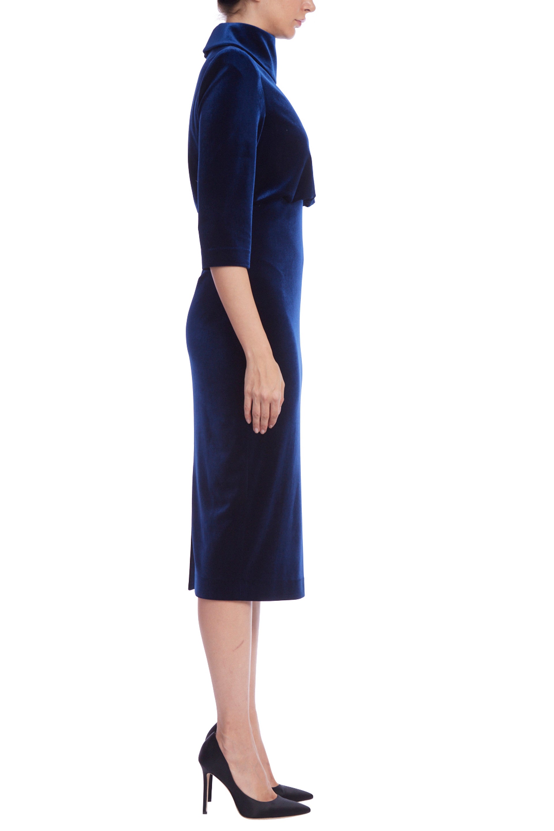 Badgley Mischka Velvet High Neck Blouson Top Fit Pencil Skirt Silhouette Sheath Dress - NAVY - Side