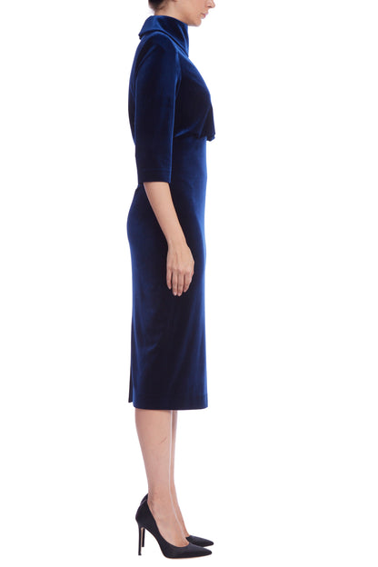 Badgley Mischka Velvet High Neck Blouson Top Fit Pencil Skirt Silhouette Sheath Dress - NAVY - Side