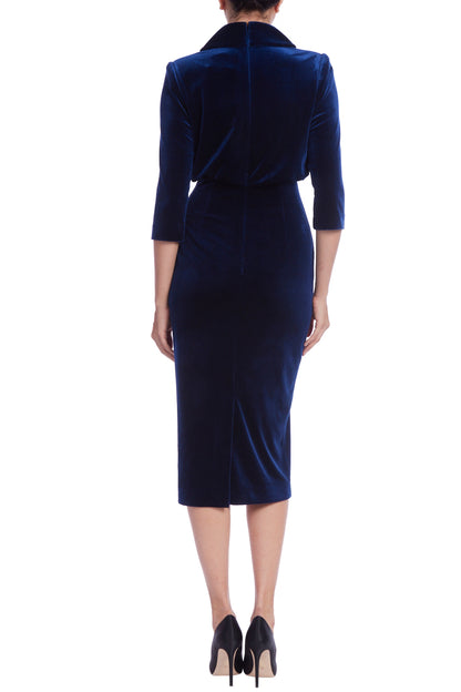 Badgley Mischka Velvet High Neck Blouson Top Fit Pencil Skirt Silhouette Sheath Dress - NAVY - Back