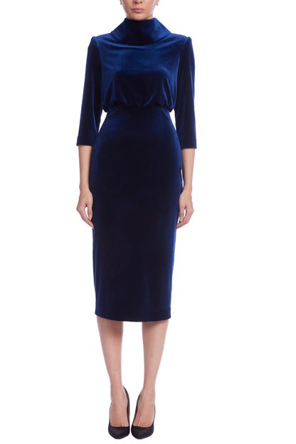 Badgley Mischka Velvet High Neck Blouson Top Fit Pencil Skirt Silhouette Sheath Dress - NAVY - Front 