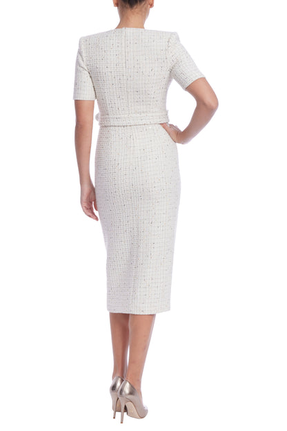 Badgley Mischka V-Neckline Short Sleeve Front-Tie Sash Tweed Midi Dress - WHITE - Back