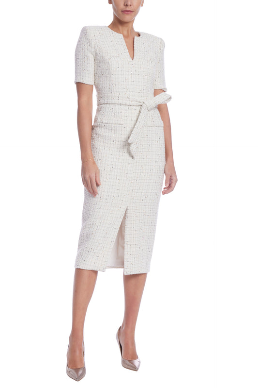 Badgley Mischka V-Neckline Short Sleeve Front-Tie Sash Tweed Midi Dress - WHITE - Front