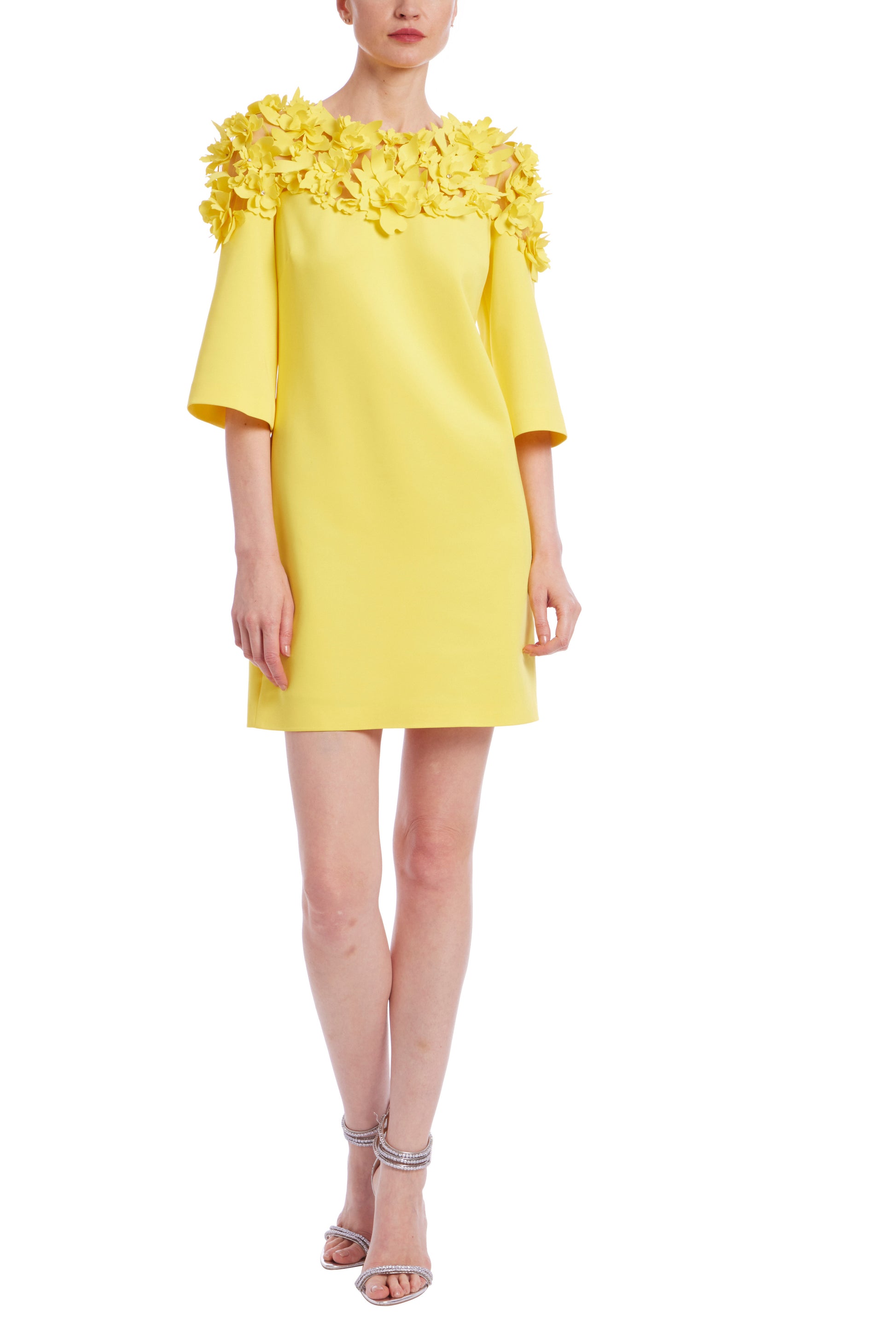 Badgley Mischka Flower Across Shoulder Elbow-Length Sleeves Above-The-Knee Hemline Shift Dress - YELLOW - Front