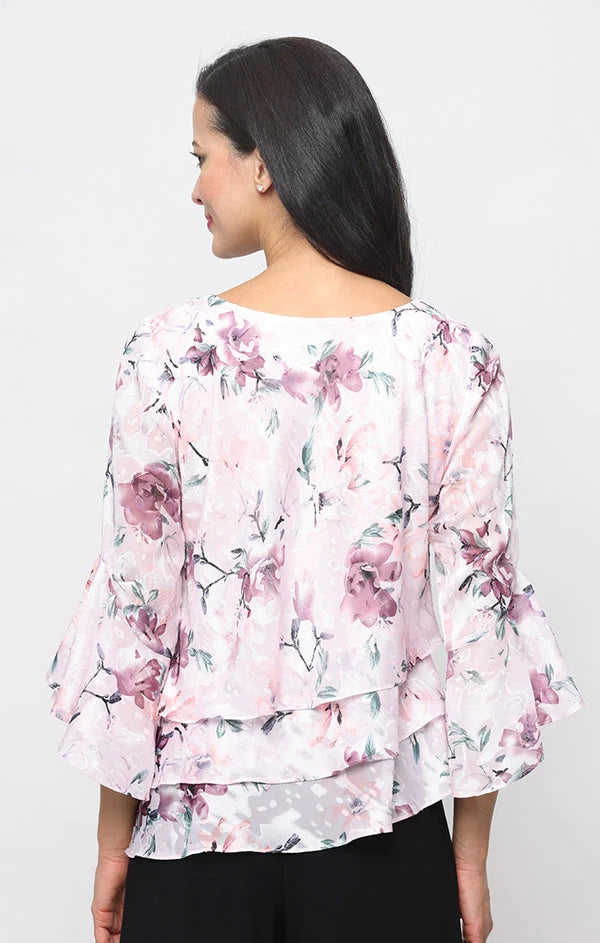 Petite Chiffon Bell Sleeve Bateau Neck Blouse with Tiered Hem Alex Evenings 82751014