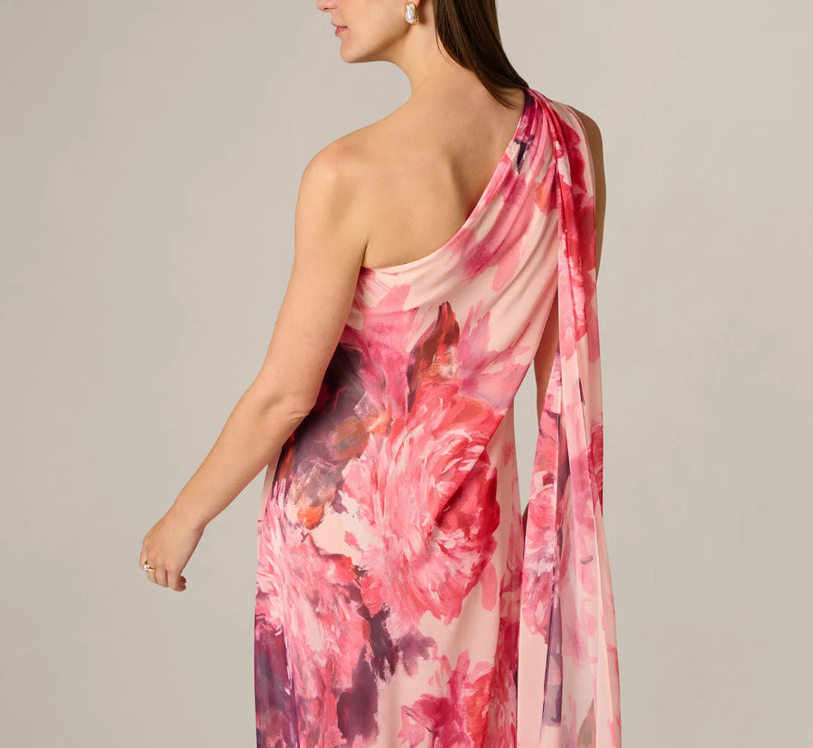One-Shoulder Peony Floral Chiffon Scarf Gown Aidan Mattox MD1E209994