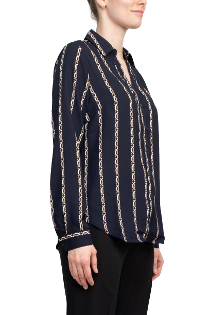 Joan Vass NY Collared V-Neck Button Down Button Cuffed Long Sleeve Back Yoke Printed Woven Top