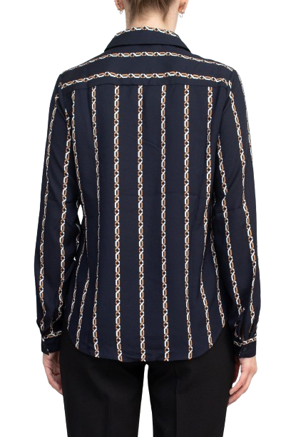 Joan Vass NY Collared V-Neck Button Down Button Cuffed Long Sleeve Back Yoke Printed Woven Top