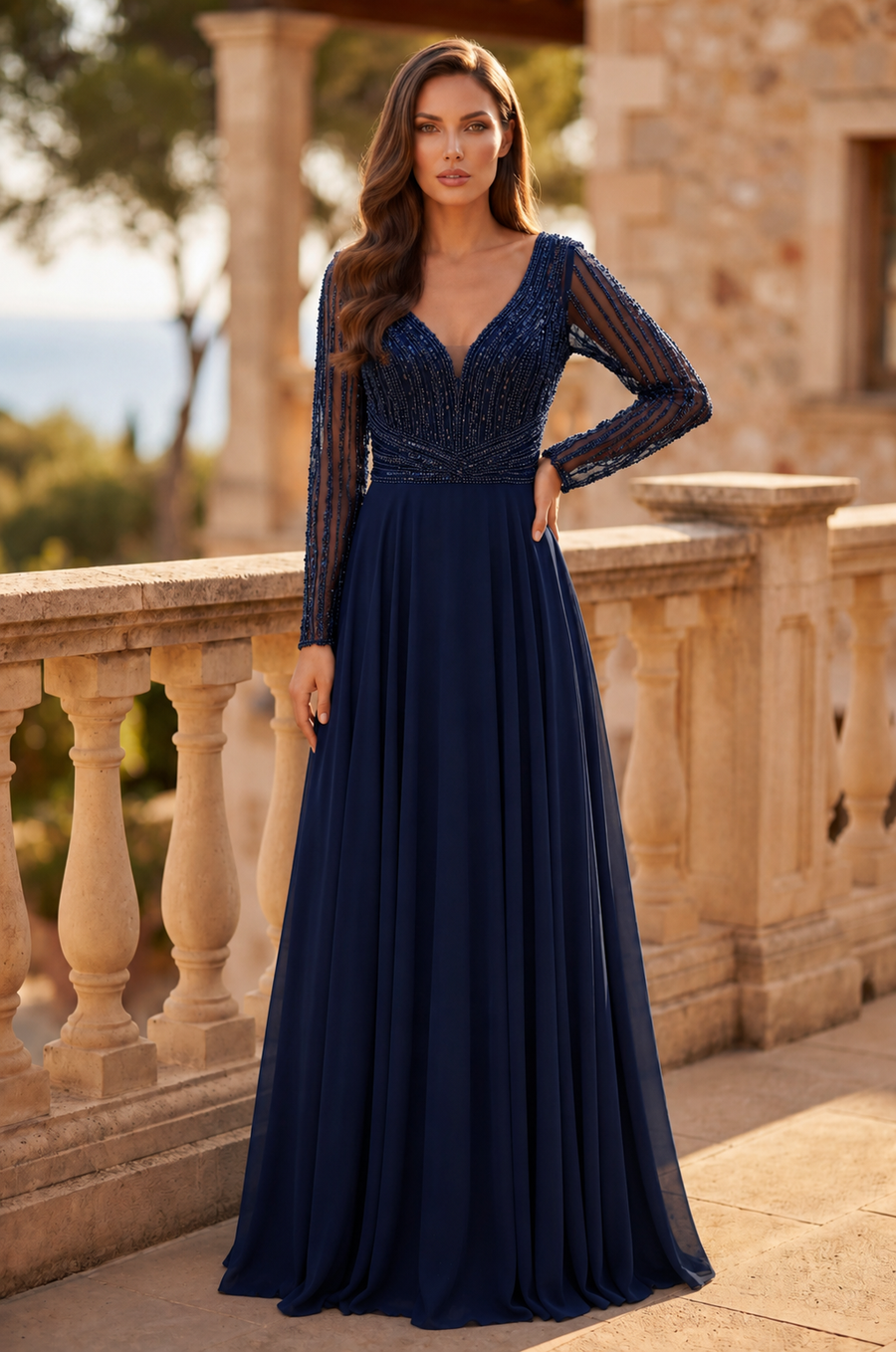 Long Sleeve Beaded Mother of the Bride Dress Wholesale