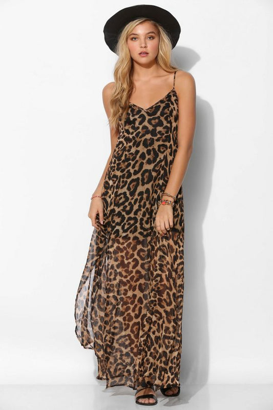 Plus Size Dresses Cowl Neck Floor-Length Chiffon A-Line Maxi Dress Spaghetti Straps Brown Multi