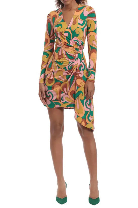 Donna Morgan Long Sleeve Side Drape Dress - GARDEN GREEN CORAL - Front