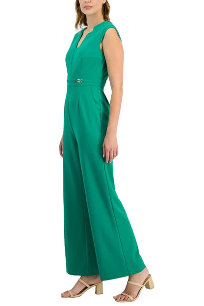 Tahari ASL Notch-Neck Sleeveless Crepe Flare Leg Back Zipper Jumpsuit - JADE - Side View