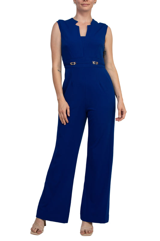 Tahari ASL Notch-Neck Sleeveless Crepe Flare Leg Back Zipper Jumpsuit - COBALT - Front