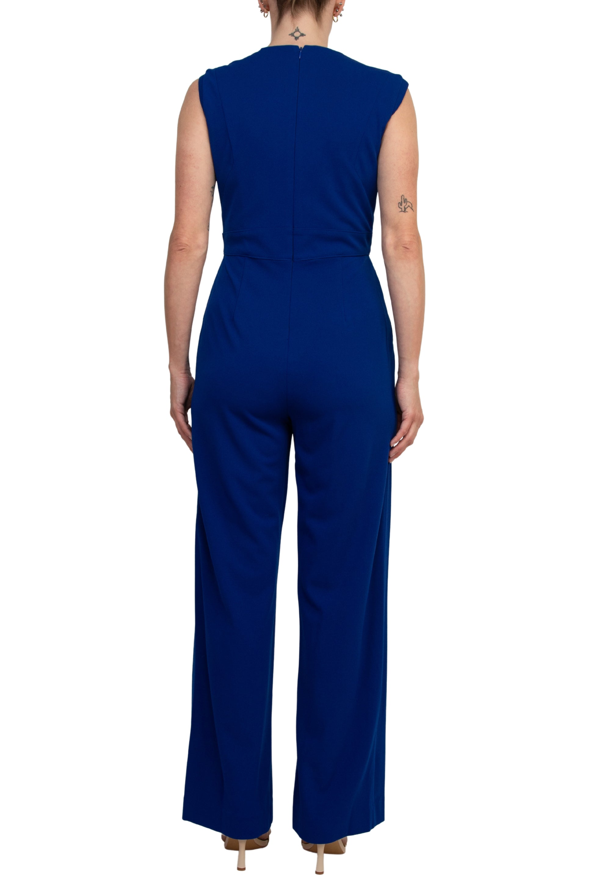 Tahari ASL Notch-Neck Sleeveless Crepe Flare Leg Back Zipper Jumpsuit - COBALT - Back