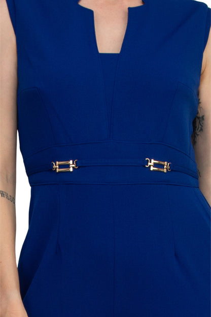 Tahari ASL Notch-Neck Sleeveless Crepe Flare Leg Back Zipper Jumpsuit - COBALT - Neck View