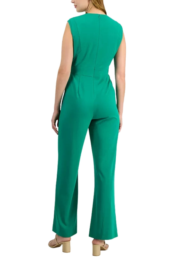 Tahari ASL Notch-Neck Sleeveless Crepe Flare Leg Back Zipper Jumpsuit - JADE - Back