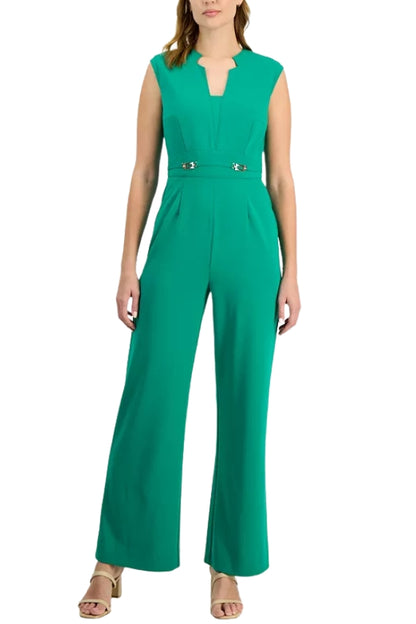 Tahari ASL Notch-Neck Sleeveless Crepe Flare Leg Back Zipper Jumpsuit - JADE - Full Front View