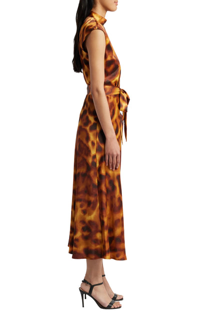 Tahari ASL Satin Print Sleeveless Mock Neck Midi Removable Tie Belt A-Line Dress - TORTOISE - Side