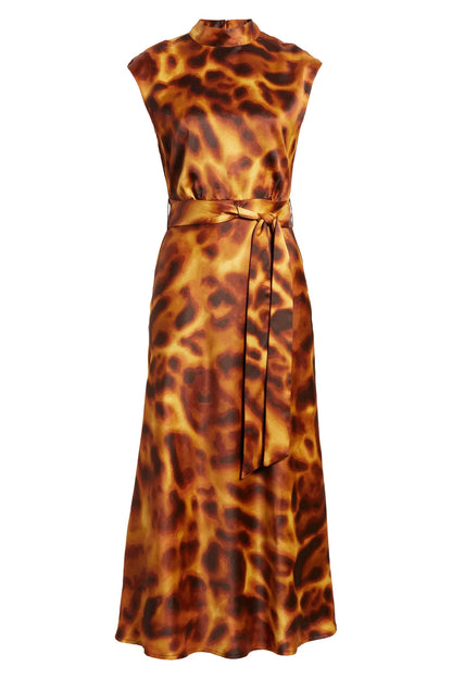 Tahari ASL Satin Print Sleeveless Mock Neck Midi Removable Tie Belt A-Line Dress - TURTOISE - Front Full View