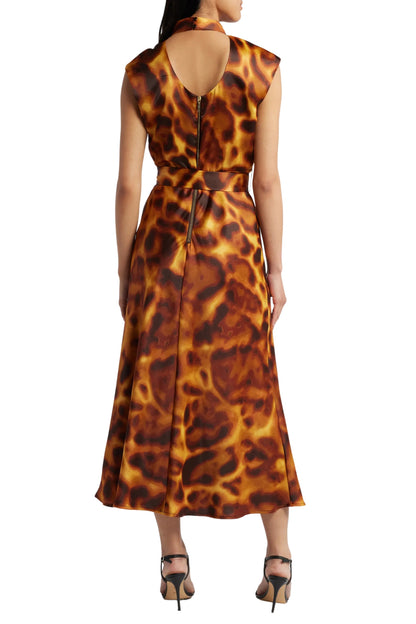 Tahari ASL Satin Print Sleeveless Mock Neck Midi Removable Tie Belt A-Line Dress - TORTOISE - Back