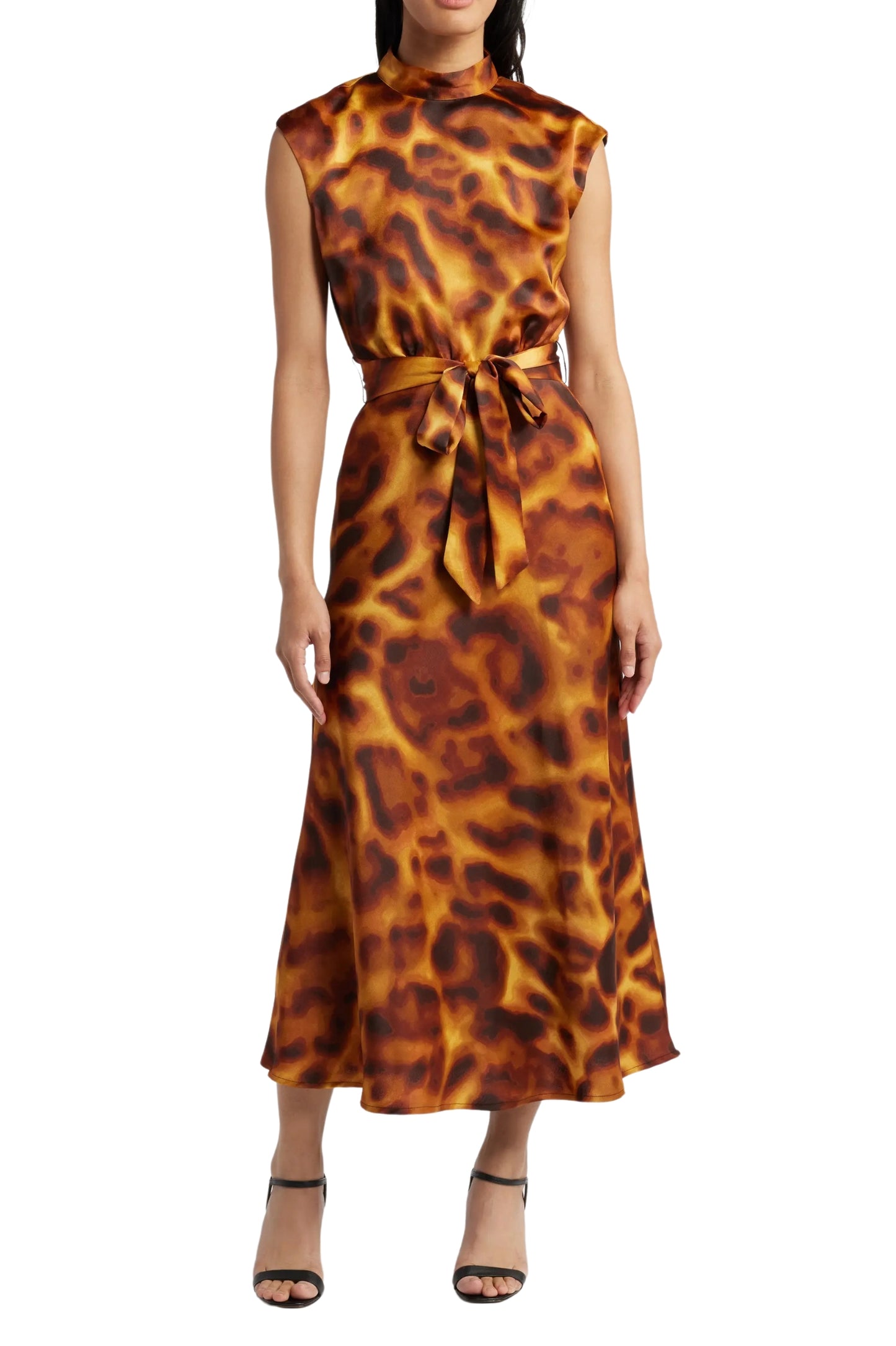 Tahari ASL Satin Print Sleeveless Mock Neck Midi Removable Tie Belt A-Line Dress - TORTOISE - Front View