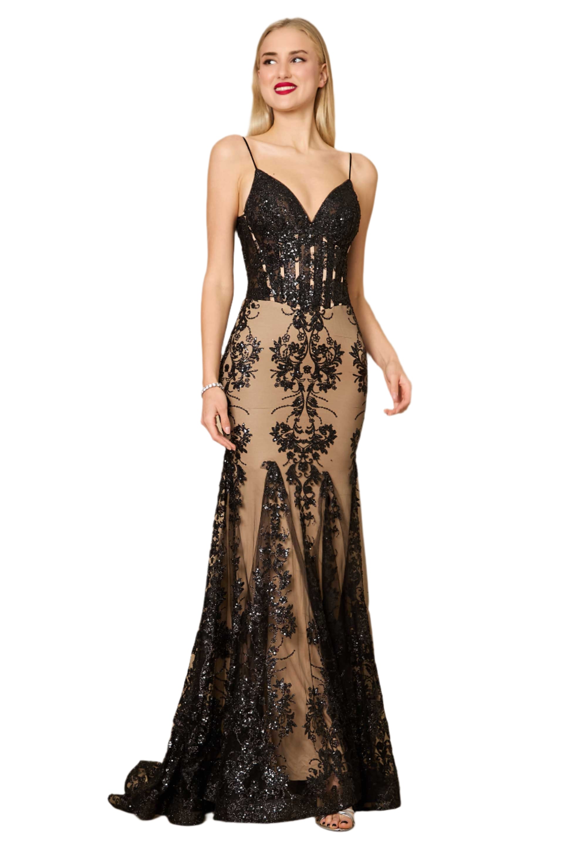 Kos Couture Fitted Corset-Style Full-Length Formal Gown Prom Dress - BLACK NUDE - SIDE VIEW