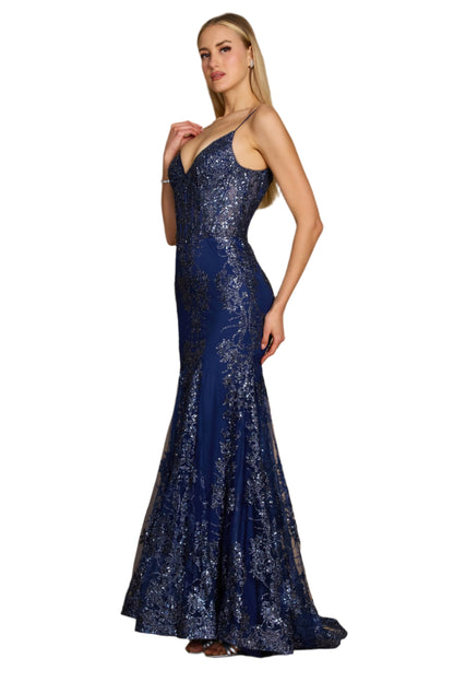 Kos Couture Fitted Corset-Style Full-Length Formal Gown Prom Dress - NAVY - SIDE VIEW