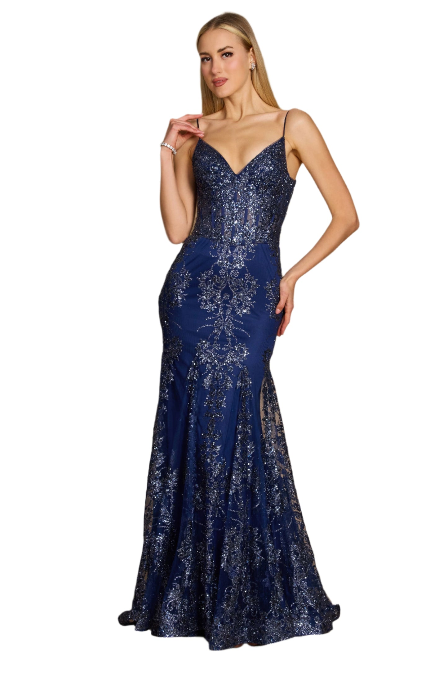 Kos Couture Fitted Corset-Style Full-Length Formal Gown Prom Dress - NAVY - FRONT DETAILED VIEW