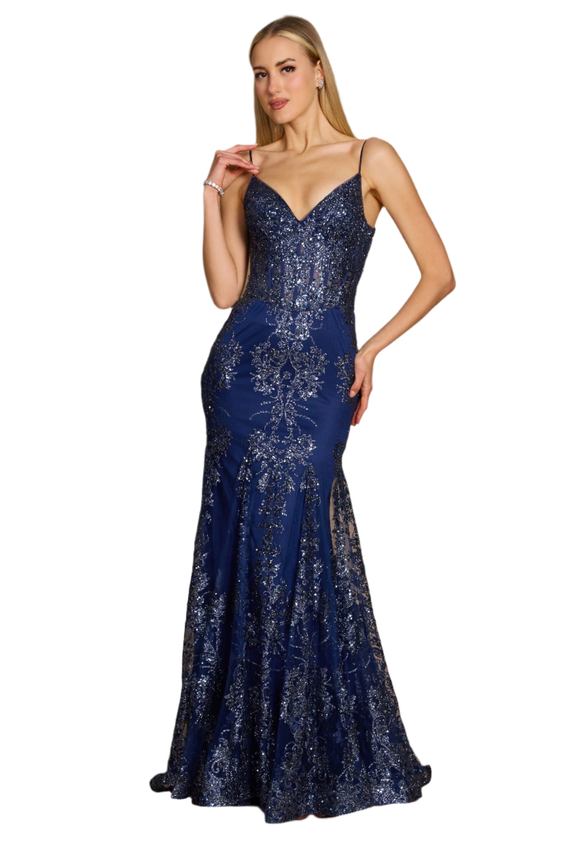 Kos Couture Fitted Corset-Style Full-Length Formal Gown Prom Dress - NAVY - FRONT DETAILED VIEW